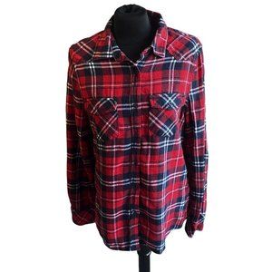 Miss Posh Shirt Womens Large Red Blue Plaid Flannel Button Up Long Sleeve Casual